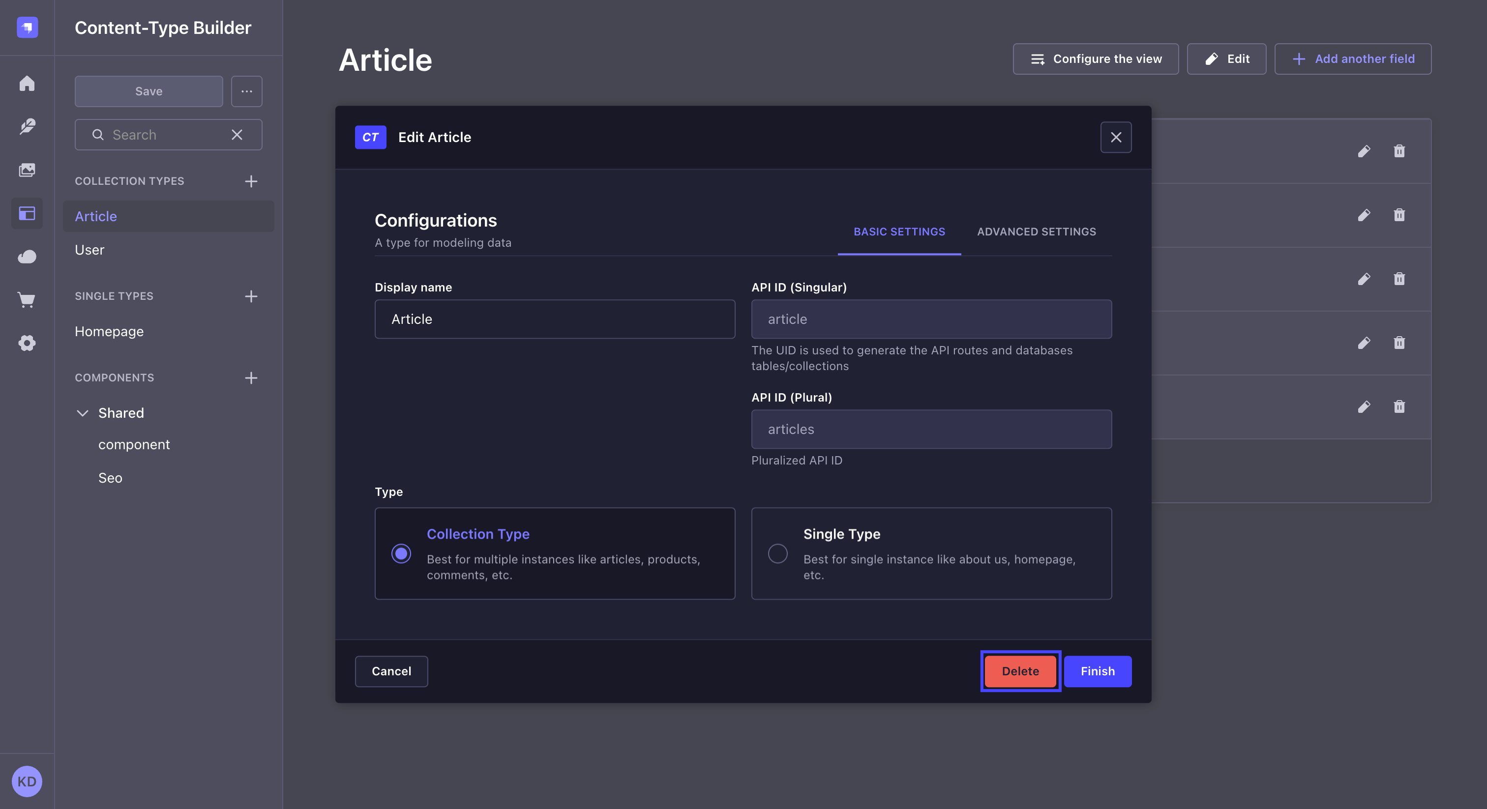 Deletion of content type in Content-type Builder